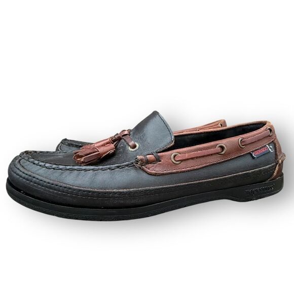 Sebago Tassel Loafers Two Tone Black Brown Leather Moc Shoes Women's size 8 - Picture 8 of 12